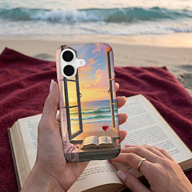 Sunset Beach Window View Book and Wine Art (Romantic seaside phone case featuring a beach at sunset with a book and wine)