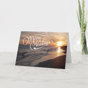 Sunset Beach With Glowing Sun Christmas Card