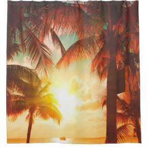 Sunset beach with palm trees and beautiful sky lan shower curtain