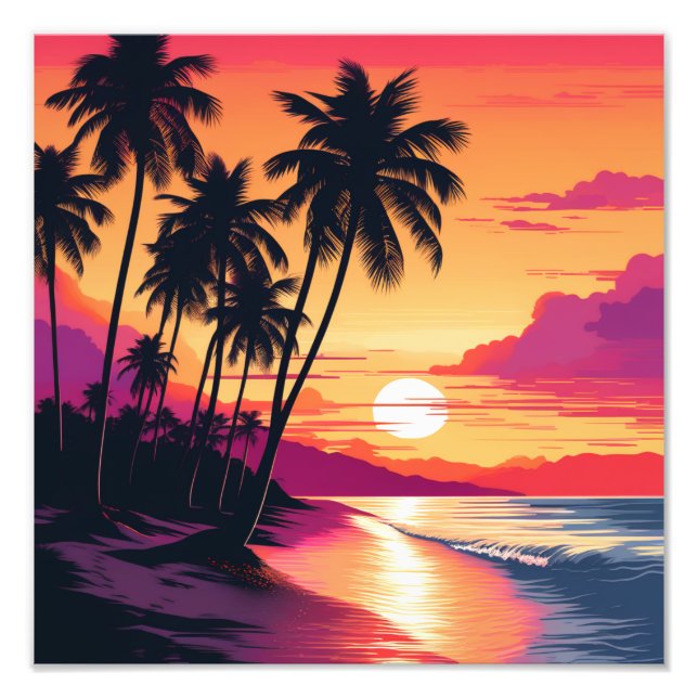 Sunset Beach with Palm Trees Photo Print (Front)