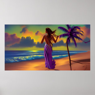 Sunset Beach woman blue sea flowing purple sun Poster
