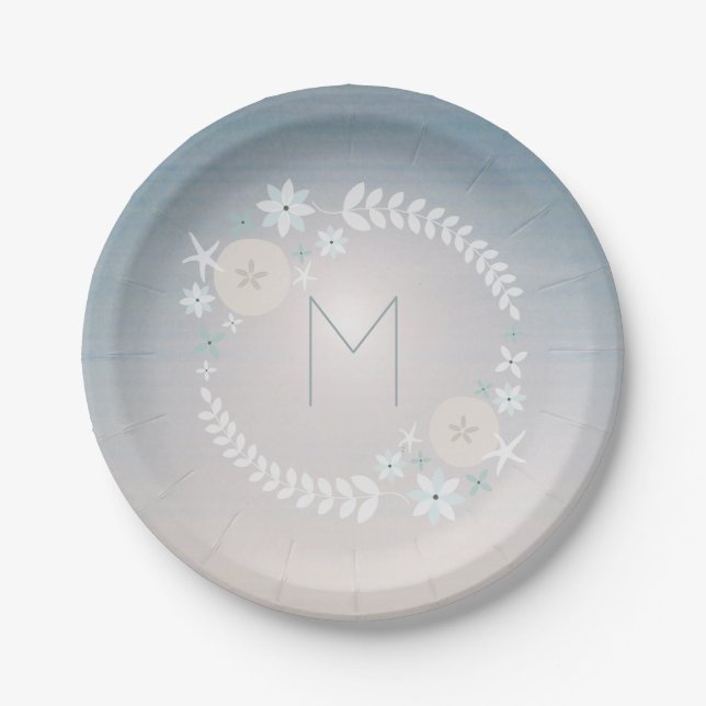 Sunset Beach Wreath Monogram Paper Plate (Front)