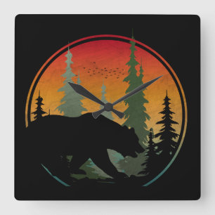 Sunset Bear Nature Forest Animal Square Wall Clock