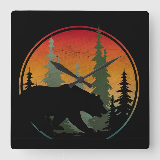 Sunset Bear Nature Forest Animal Square Wall Clock (Front)