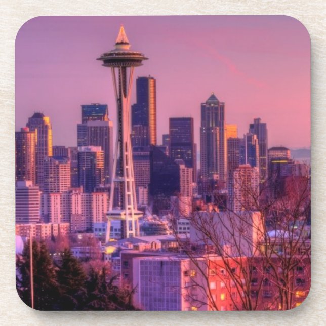 Sunset behind Seattle skyline from Kerry Park. Coaster (Front)