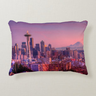 Sunset behind Seattle skyline from Kerry Park. Decorative Cushion