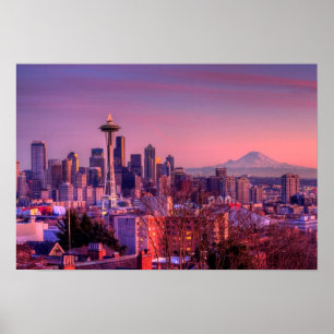 Sunset behind Seattle skyline from Kerry Park. Poster