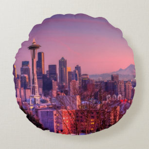 Sunset behind Seattle skyline from Kerry Park. Round Cushion
