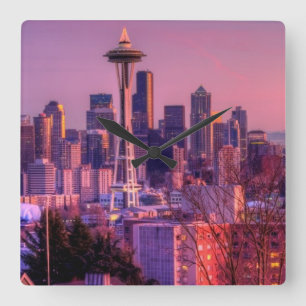 Sunset behind Seattle skyline from Kerry Park. Square Wall Clock