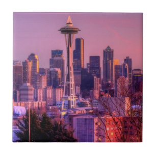 Sunset behind Seattle skyline from Kerry Park. Tile