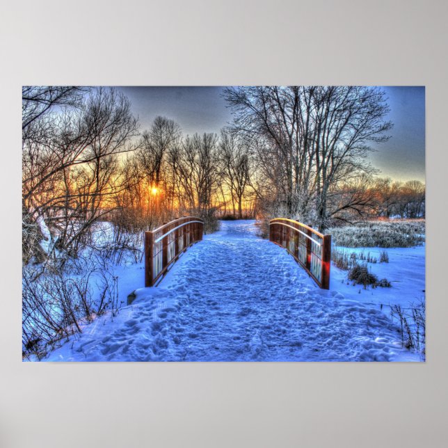 Sunset Beyond the Bridge winter scene Poster (Front)