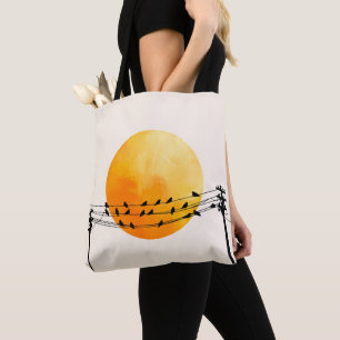 Sunset Birds on Wires Minimalist Art Tote Bag