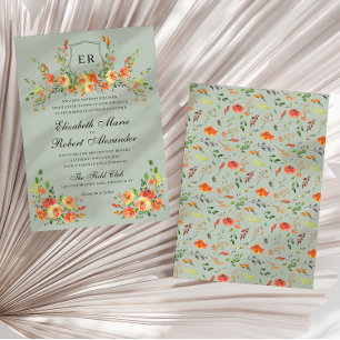 Sunset Bloom Monogram Floral Green Crest Wedding Invitation