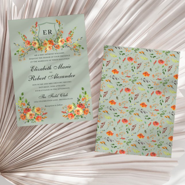Sunset Bloom Monogram Floral Green Crest Wedding Invitation (Creator Uploaded)