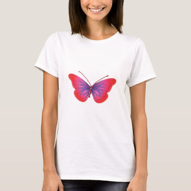 "Sunset Bloom" Red and Purple Butterfly Art Print T-Shirt (Front)