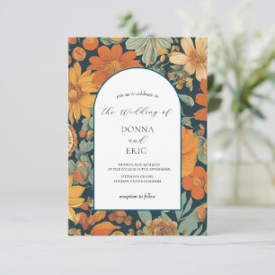 Sunset Blooms: Vintage 70's Orange Floral Wedding Invitation