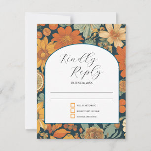 Sunset Blooms: Vintage 70's Orange Wedding RSVP Card