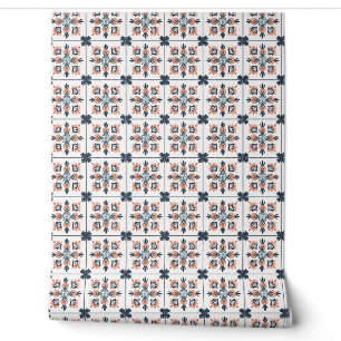Sunset Blossom Petite - Coral, Navy, White Wallpaper