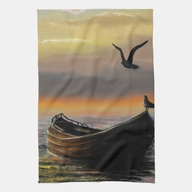 Sunset Boat Kitchen Towel (Vertical)
