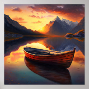 Sunset Boat on Lake with Mountain Backdrop Poster