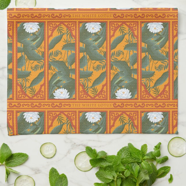 Sunset Botanical Panel Pattern - The White Lotus Tea Towel (Folded)
