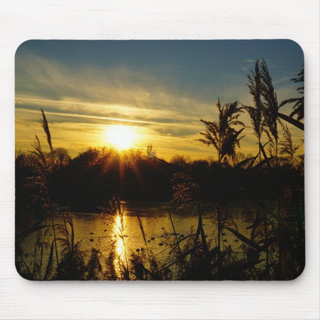 Sunset by a pond with reed plumes. mouse mat (Front)