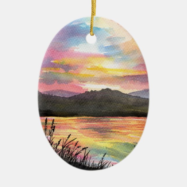 Sunset by the Lake Ceramic Tree Decoration (Front)