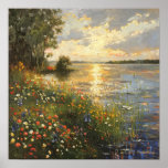 Sunset By the Lake Oil Painting Poster<br><div class="desc">This is an A. I. generated artwork inspired by Claude Monet's painting style. A sunset landscape by the lake with flowers of yellow,  white and orange hues on the shoreline.</div>