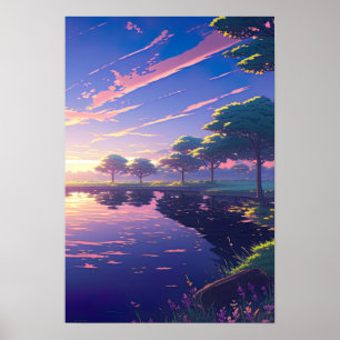 Sunset by the Riverbank - Digital Anime Artwork Poster