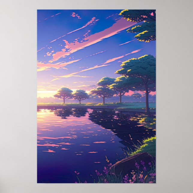 Sunset by the Riverbank - Digital Anime Artwork Poster (Front)