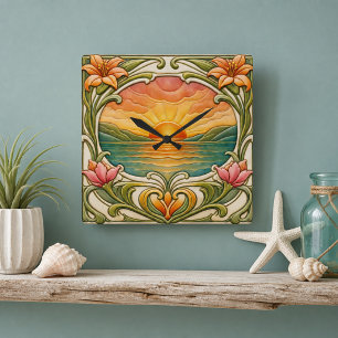 Sunset by the Sea with Lily Flowers Art Nouveau Square Wall Clock