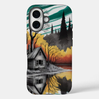 Sunset Cabin Reflection – Moody Nature Landscape iPhone 16 Case