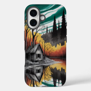 Sunset Cabin Reflection – Moody Nature Landscape iPhone 16 Case