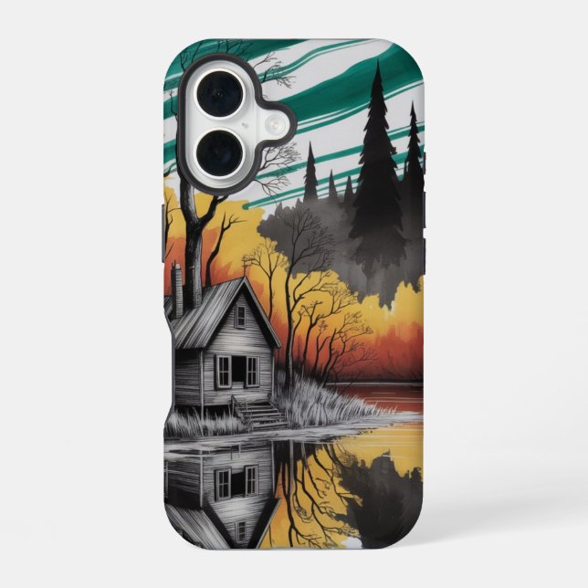 Sunset Cabin Reflection – Moody Nature Landscape iPhone 16 Case (Back)