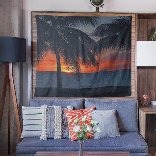 Sunset Caribbean Beach Ocean Palm Trees Beach Tapestry