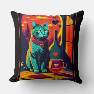 Sunset Cat Books And Wine Cushion