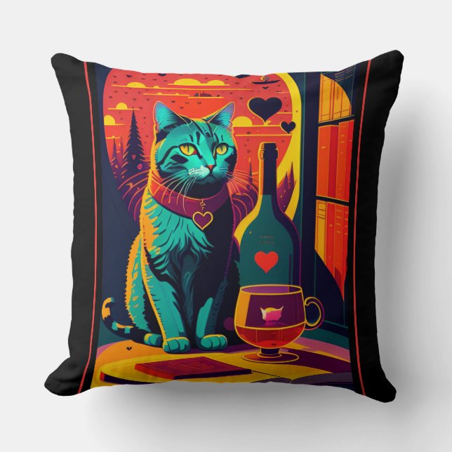 Sunset Cat Books And Wine Cushion (Front)