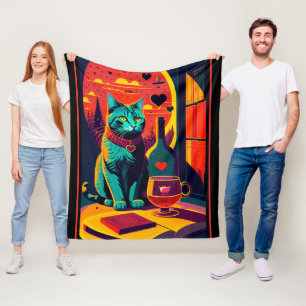 Sunset Cat Books And Wine Fleece Blanket
