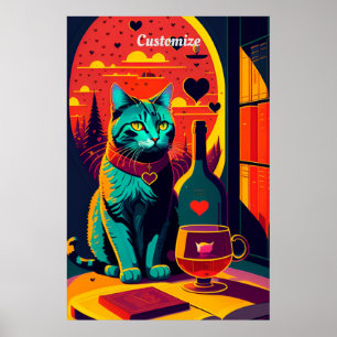Sunset Cat Books And Wine Poster
