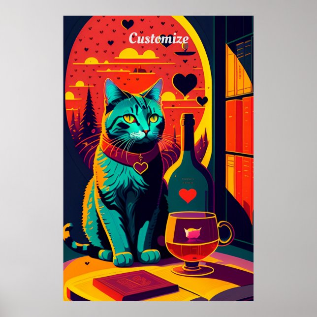 Sunset Cat Books And Wine Poster (Front)