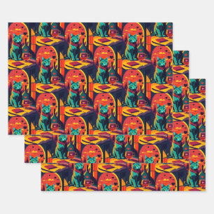 Sunset Cat Books And Wine Wrapping Paper Sheet