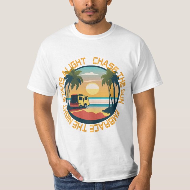 Sunset Chase Camper Van Beach  T-Shirt (Front)