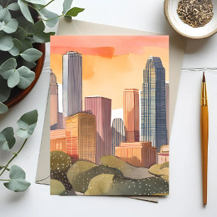 Sunset Cityscape   City Skyline Watercolor Postcard