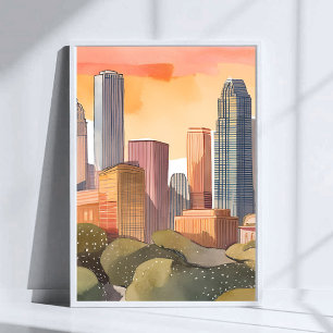 Sunset Cityscape City Skyline Watercolor Poster