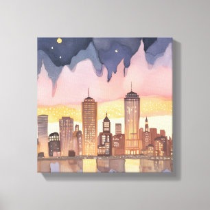 Sunset Cityscape   Watercolor Painting Canvas Print
