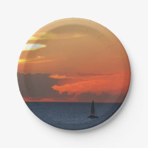 Sunset Clouds and Sailboat Seascape Paper Plate