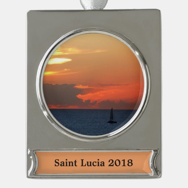 Sunset Clouds and Sailboat Seascape Silver Plated Banner Ornament (Front)