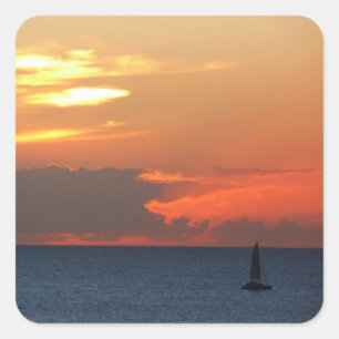 Sunset Clouds and Sailboat Seascape Square Sticker