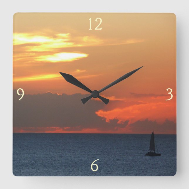 Sunset Clouds and Sailboat Seascape Square Wall Clock (Front)