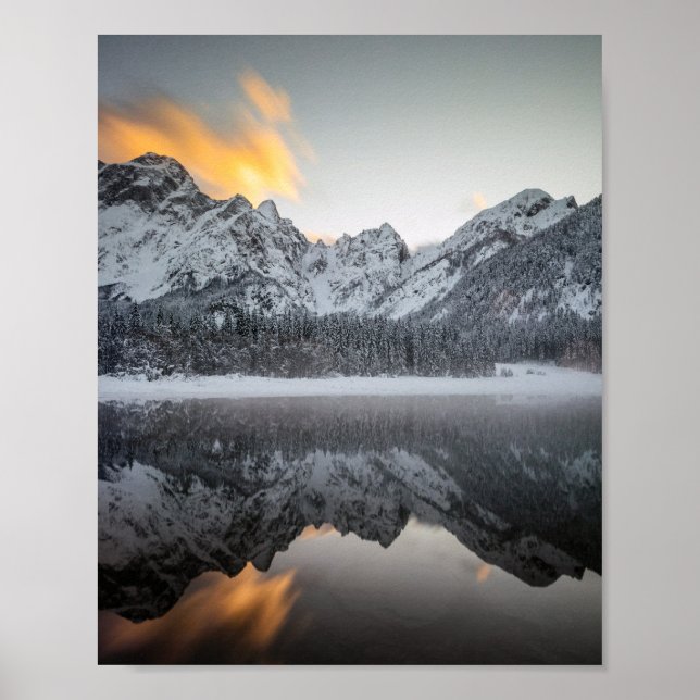 Sunset clouds over mountains at Lake Fusine, Italy Poster (Front)